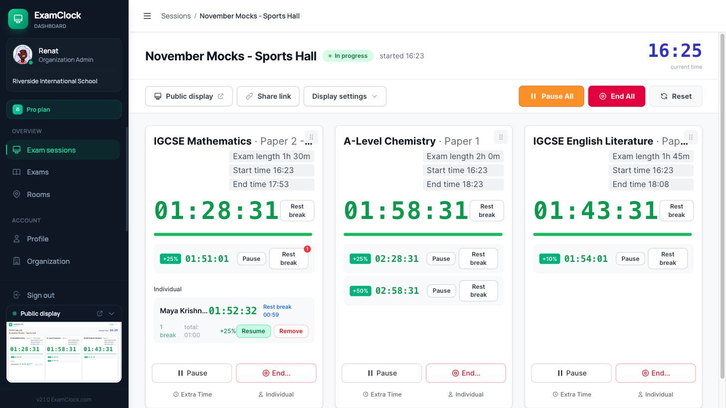 ExamClock invigilator console with per-exam pause, end and rest-break controls
