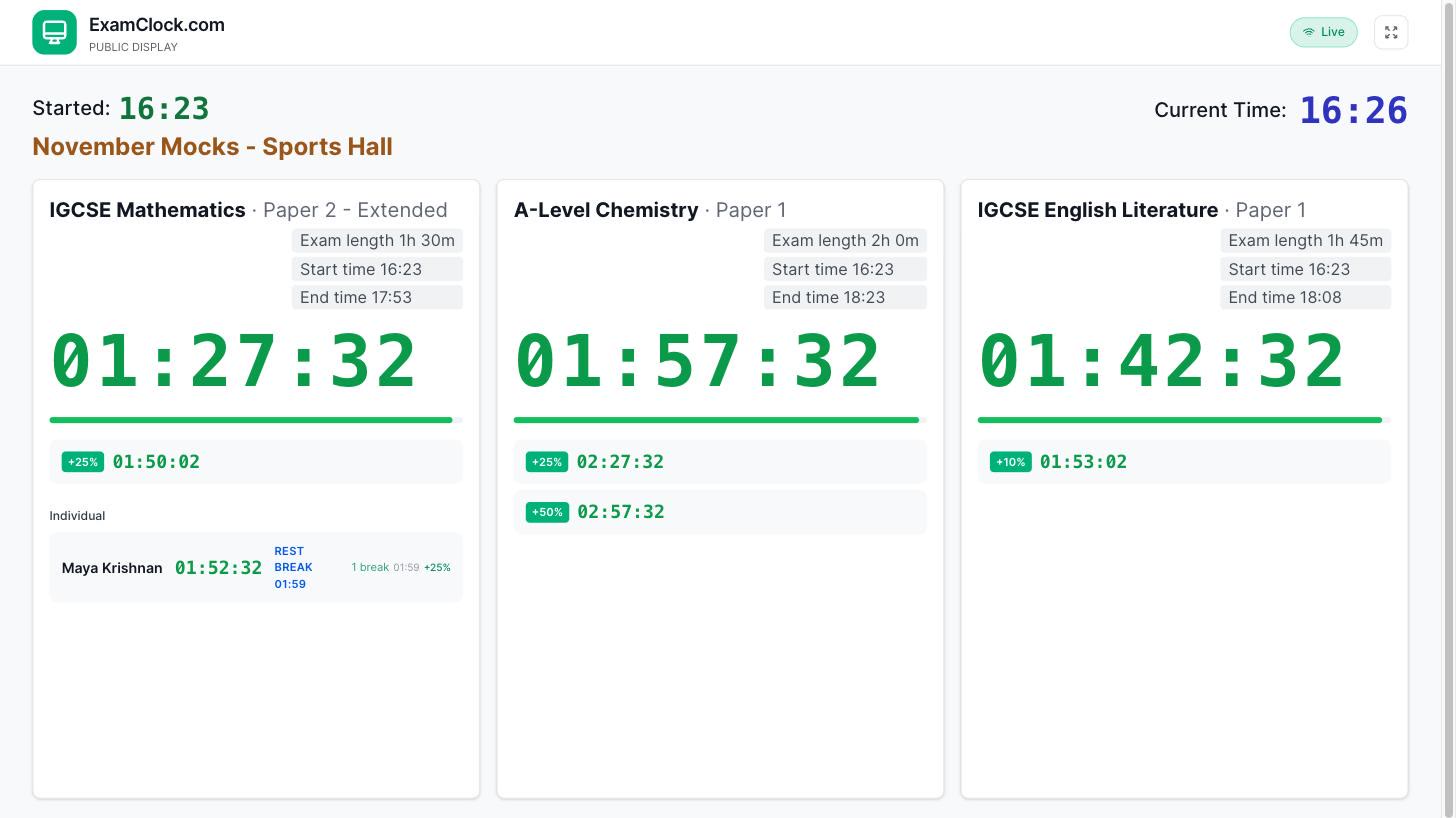 ExamClock public display showing three exam countdowns with extra-time rows and a student rest break